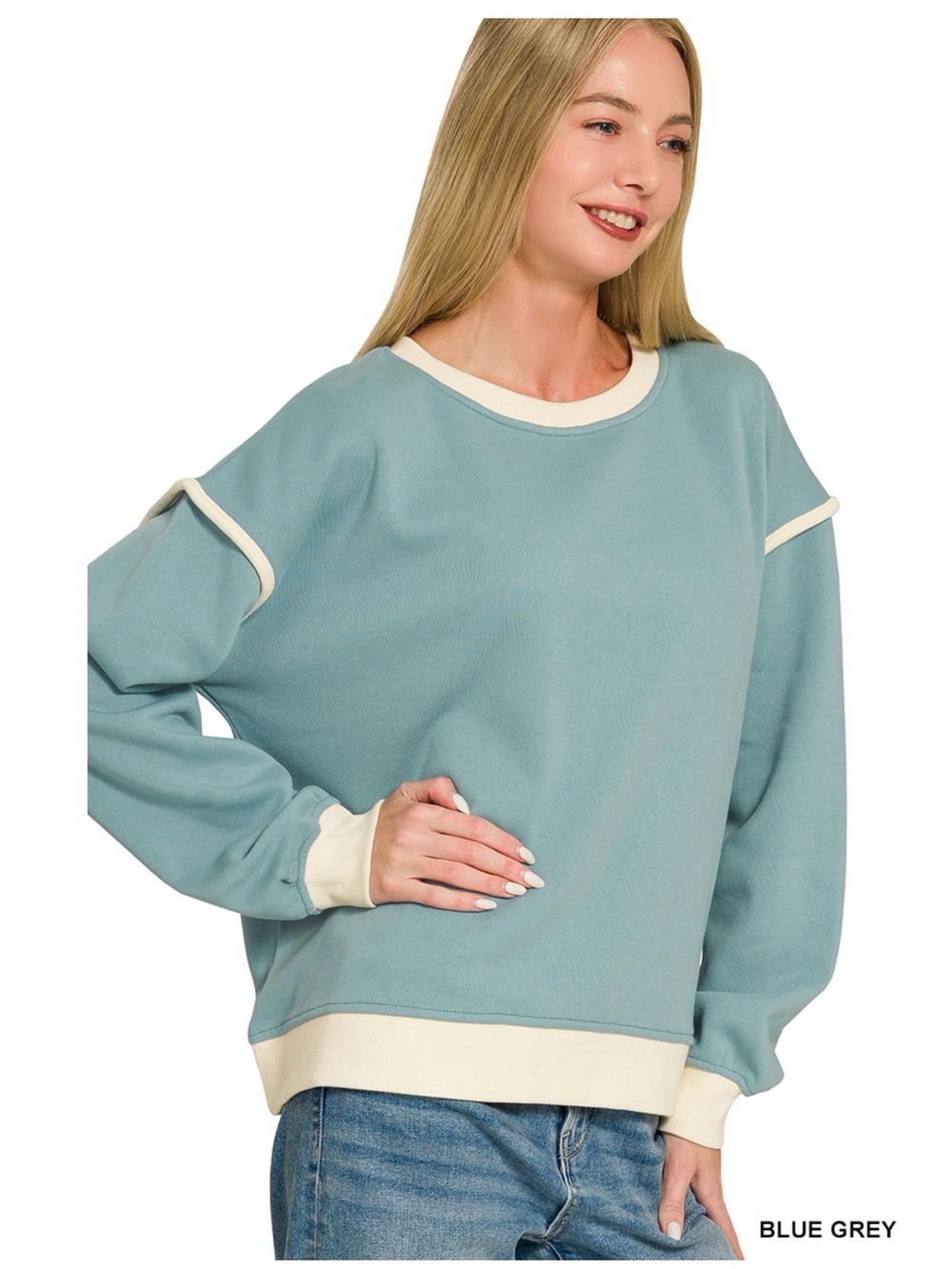 Zenana Outfitters Blue Grey Crewneck Sweater with Cream Trim